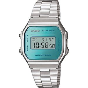RELOJ CASIO RETRO UNISEX – ESTILO VINTAGE PLATEADO CON EFECTO ESPEJO TURQUESA | ÍCONO DE MODA A168WEM-2EF