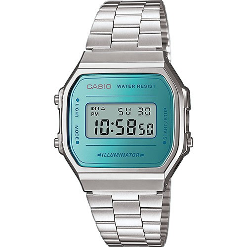 RELOJ CASIO RETRO UNISEX – ESTILO VINTAGE PLATEADO CON EFECTO ESPEJO TURQUESA | ÍCONO DE MODA A168WEM-2EF