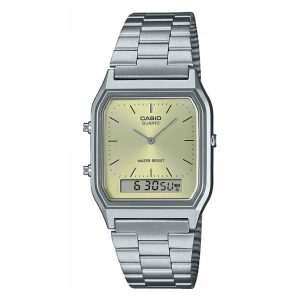 Reloj Casio Retro de Hombre en Acero – Estilo Vintage Analógico-Digital | Esfera Verde Claro AQ-230A-9AMQYES